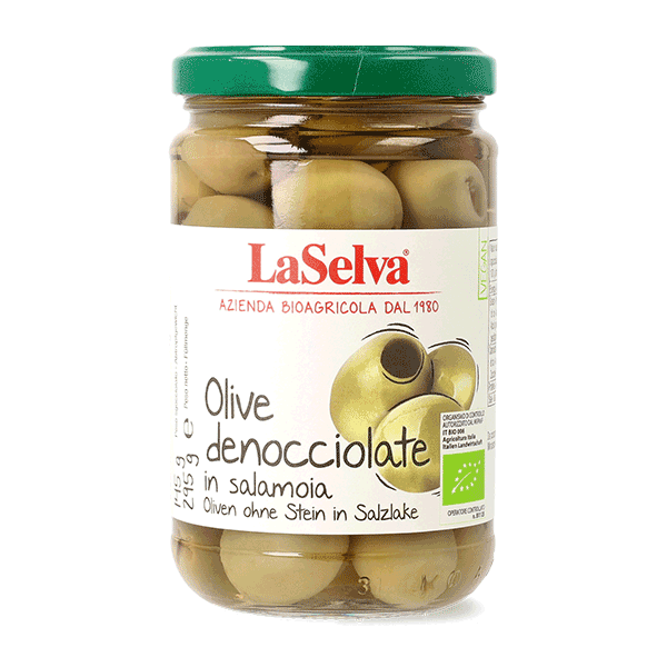 Organic pitted green olives in brine 295g 1 Organic pitted green olives in brine 295g