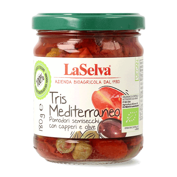 Pomodori semisecchi sott'olio con capperi e olive bio 180g 1 Pomodori semisecchi sott'olio con capperi e olive bio 180g