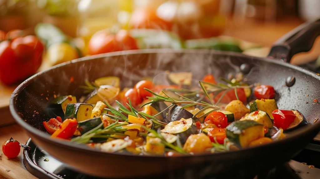 Strozzapreti alle Verdure: pasta biologica mediterranea 2 padella con sugo per preparazione Strozzapreti alle Verdure